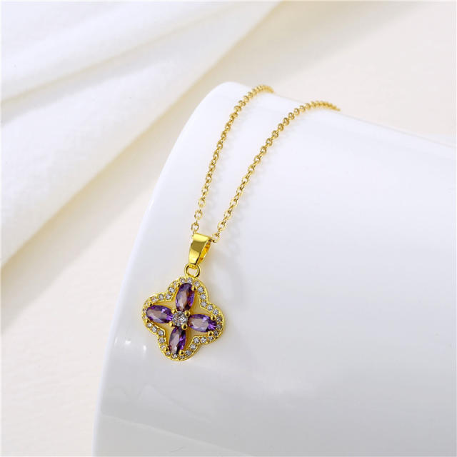 Amethyst clover pendant stainless steel chain necklace