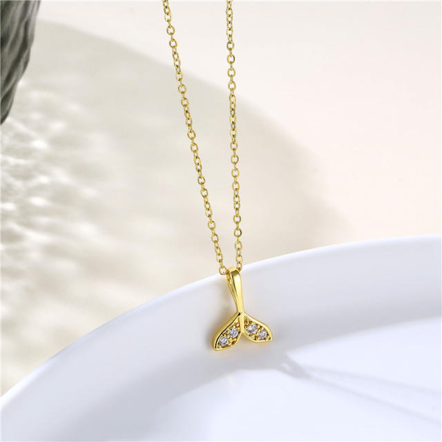 Dainty diamond fish tail pendant stainless steel chain necklace