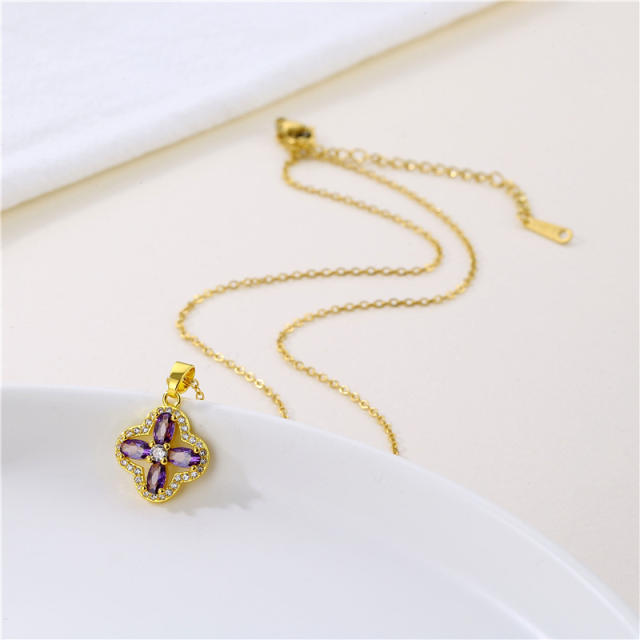 Amethyst clover pendant stainless steel chain necklace