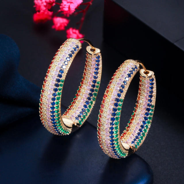 Luxury colorful cubic zircon pave setting copper hoop earrings