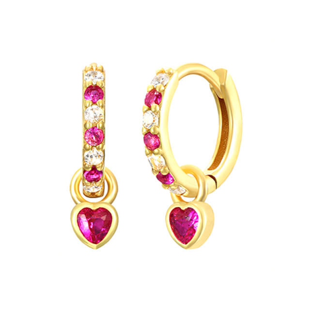 925 needle elegant color CZ heart charm copper huggie earrings