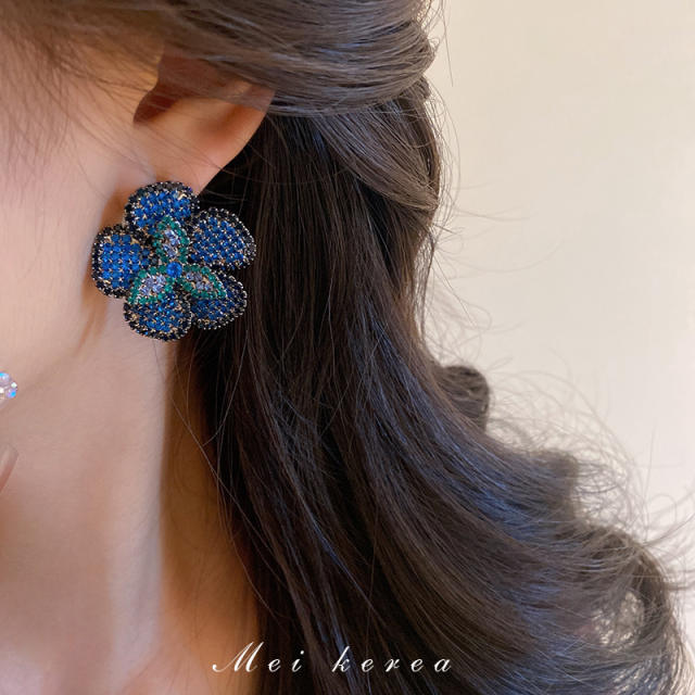 925 needle elegant blue rhinestone pave setting flower studs earrings