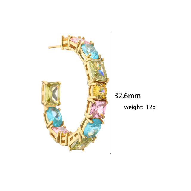 Delicate colorful cubic zircon open hoop copper earrings
