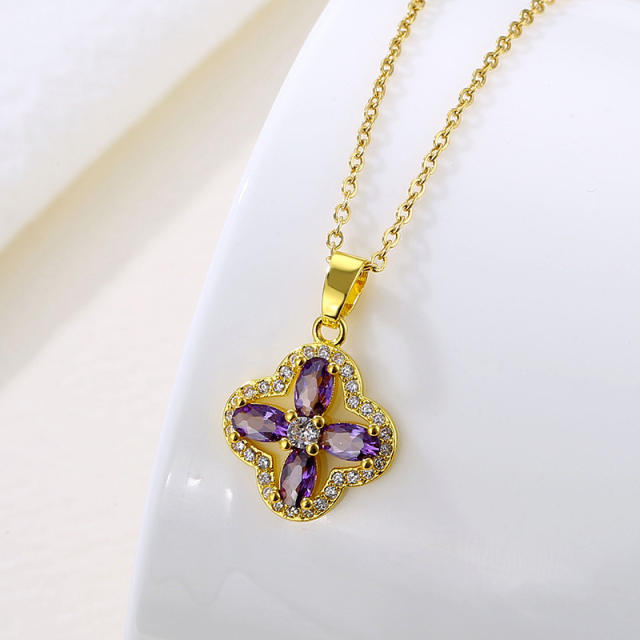 Amethyst clover pendant stainless steel chain necklace
