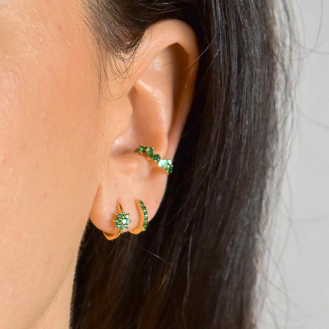 925 needle color cubic zircon flower copper huggie earrings