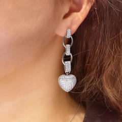 Delicate pave setting cubic zircon diamond heart copper dangle earrings