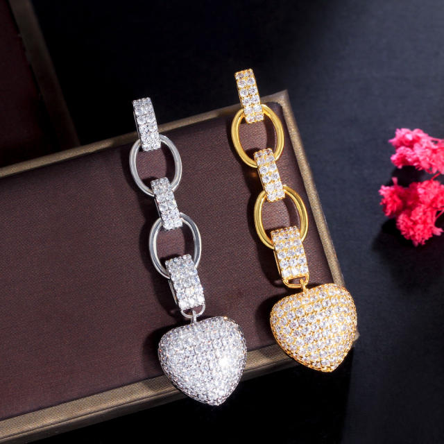 Delicate pave setting cubic zircon diamond heart copper dangle earrings