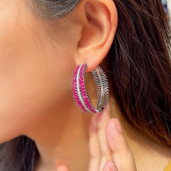 Elegant rose red cubic zircon setting copper hoop earrings