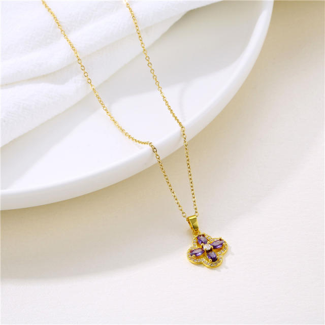 Amethyst clover pendant stainless steel chain necklace