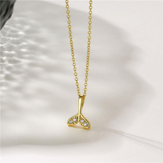 Dainty diamond fish tail pendant stainless steel chain necklace