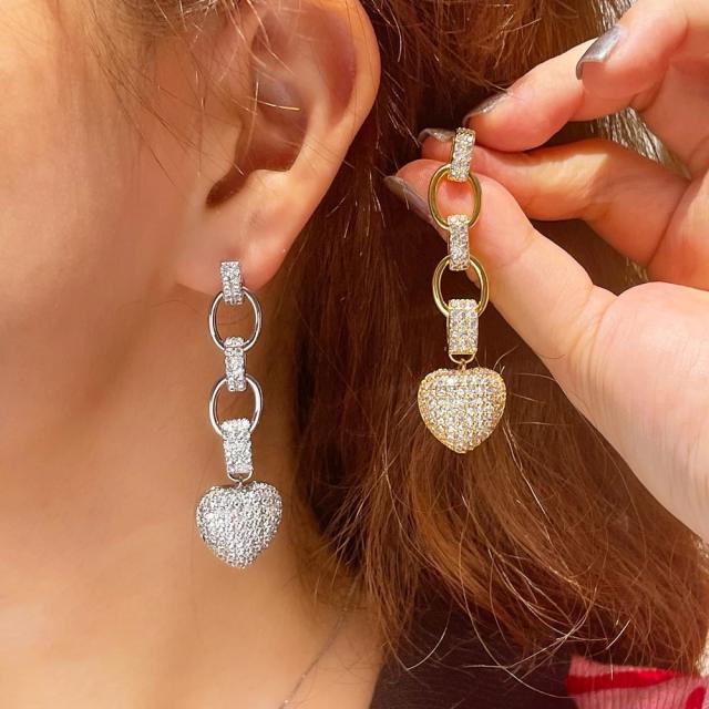 Delicate pave setting cubic zircon diamond heart copper dangle earrings
