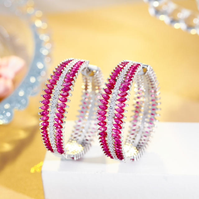 Elegant rose red cubic zircon setting copper hoop earrings