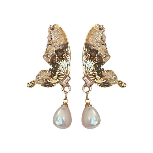 Creative color crystal stone butterfly pearl drop earrings