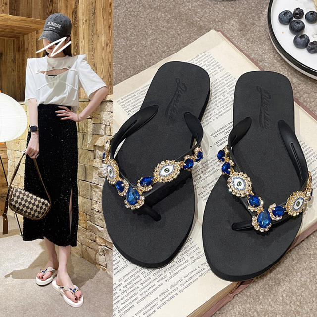 Vintage evil eye blue eye glass crystal diamond flip flops