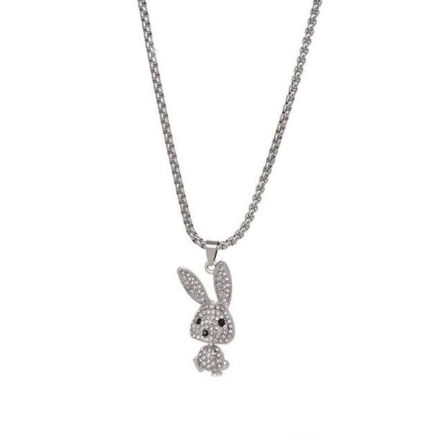 Personality diamond rabbit alloy pendant stainless steel chain long necklace