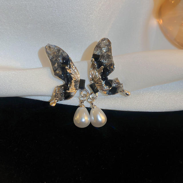 Creative color crystal stone butterfly pearl drop earrings