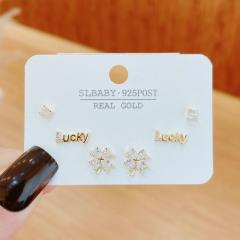 Chic design cubic zircon clover lucky letter copper earring set