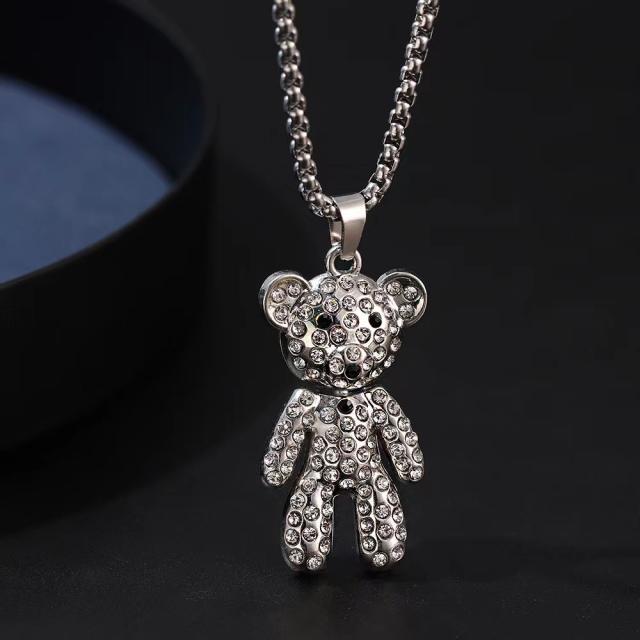 Super cool diamond bear alloy pendant stainless steel chain necklace