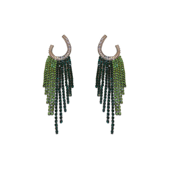 Luxury green color rhinestone diamond tassel earrings