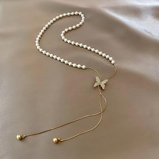 Eleagnt diamond butterfly pearl bead slide necklace