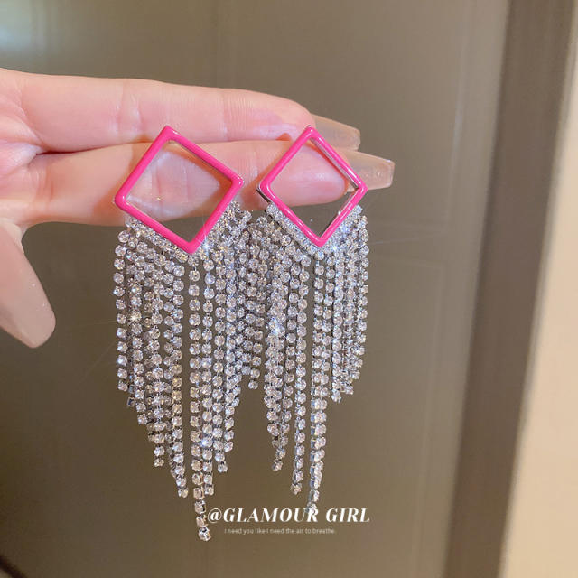 Luxury hollow out colorful diamond tassel earrings