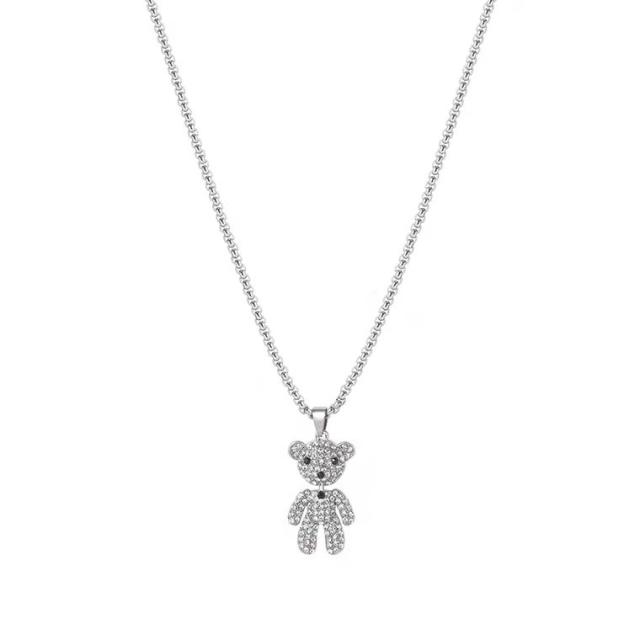 Super cool diamond bear alloy pendant stainless steel chain necklace