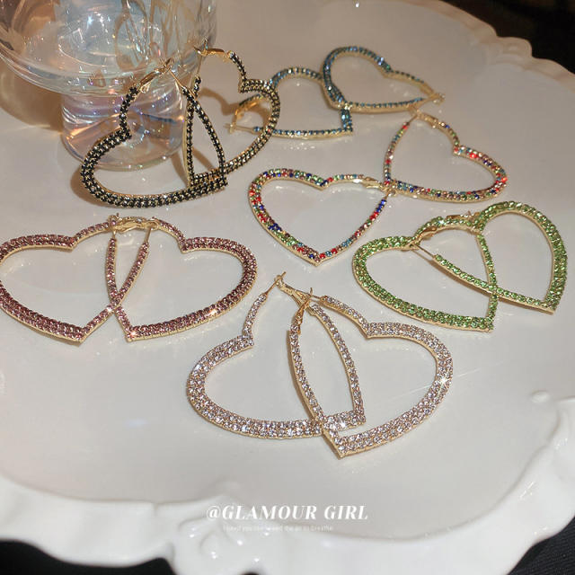 Luxury colorful rhinestone diamond heart hoop earrings
