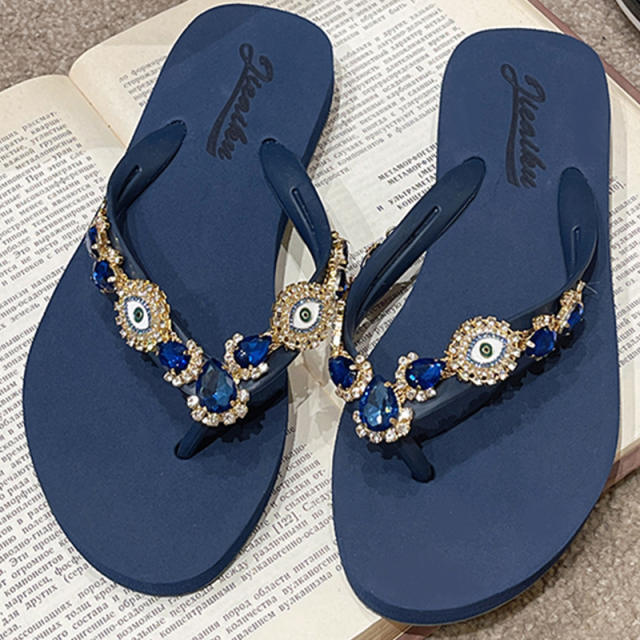 Vintage evil eye blue eye glass crystal diamond flip flops