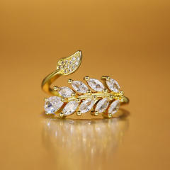 Dellicate cubic zircon leaf shape adjustable copper rings