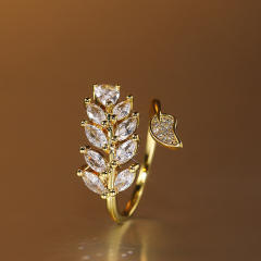 Dellicate cubic zircon leaf shape adjustable copper rings