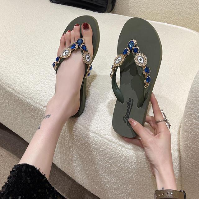 Vintage evil eye blue eye glass crystal diamond flip flops