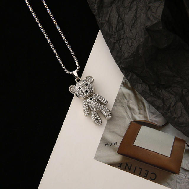 Super cool diamond bear alloy pendant stainless steel chain necklace