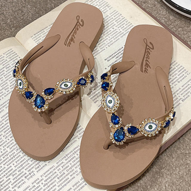 Vintage evil eye blue eye glass crystal diamond flip flops