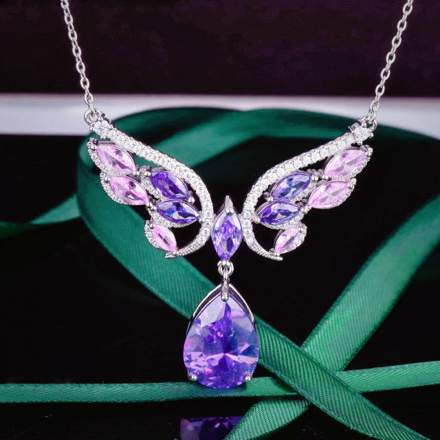 Luxury amethyst cubic zircon statement angel wing copper necklace set