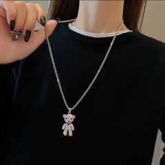 Super cool diamond bear alloy pendant stainless steel chain necklace