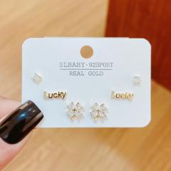 Chic design cubic zircon clover lucky letter copper earring set