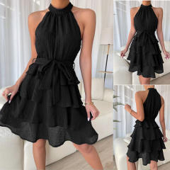 Summer casual sleeveless ruffle high neck dress