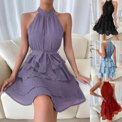 Summer casual sleeveless ruffle high neck dress