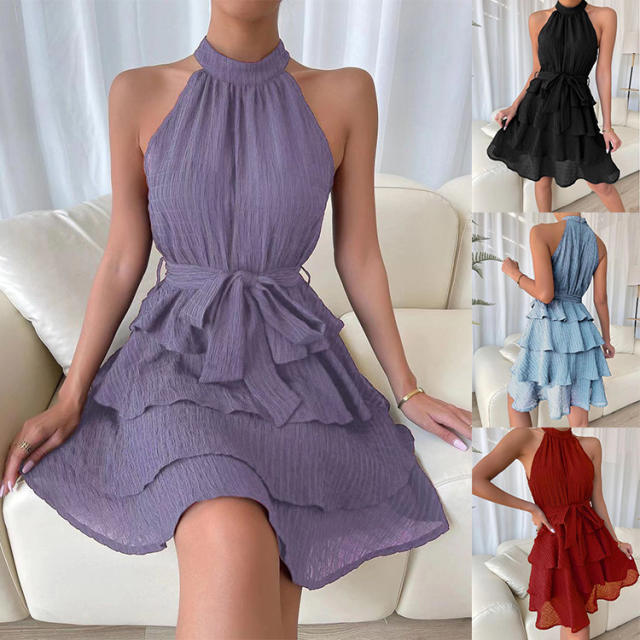 Summer casual sleeveless ruffle high neck dress