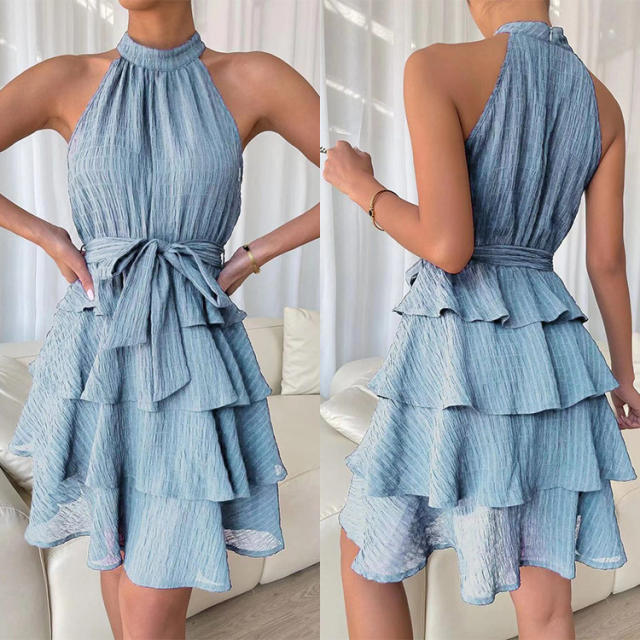 Summer casual sleeveless ruffle high neck dress