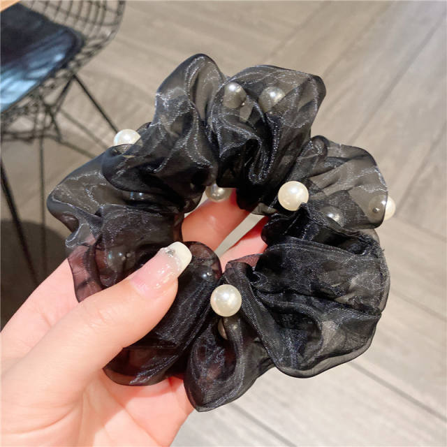 Korean fashion organza pearl bead scrunchies