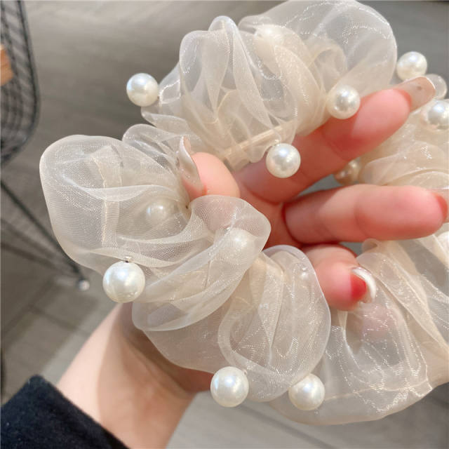 Korean fashion organza pearl bead scrunchies