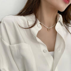 Elegant water pearl bead real gold plated smile face heart choker neckace
