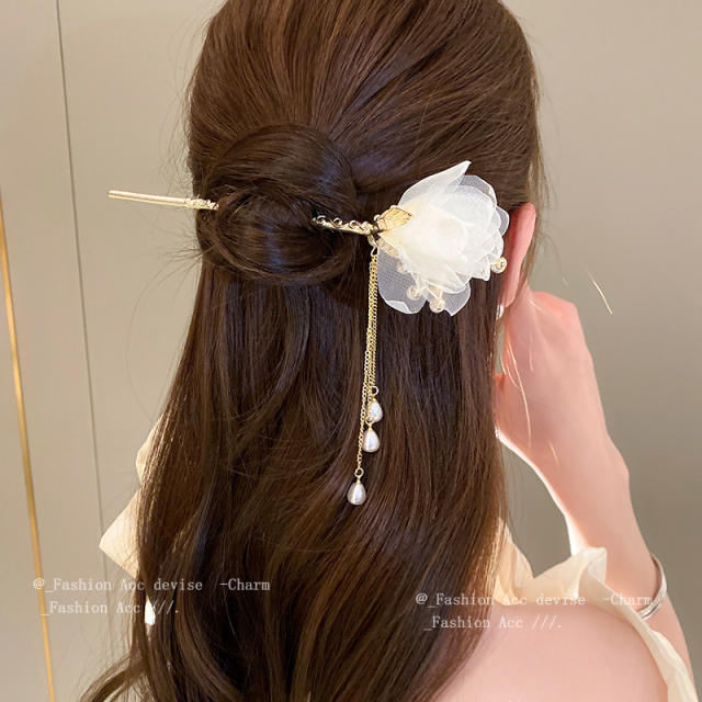 Elegant fabric flower hair sticks