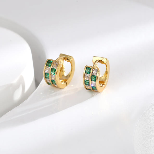 Elegant color cubic zircon gold plated copper huggie earrings