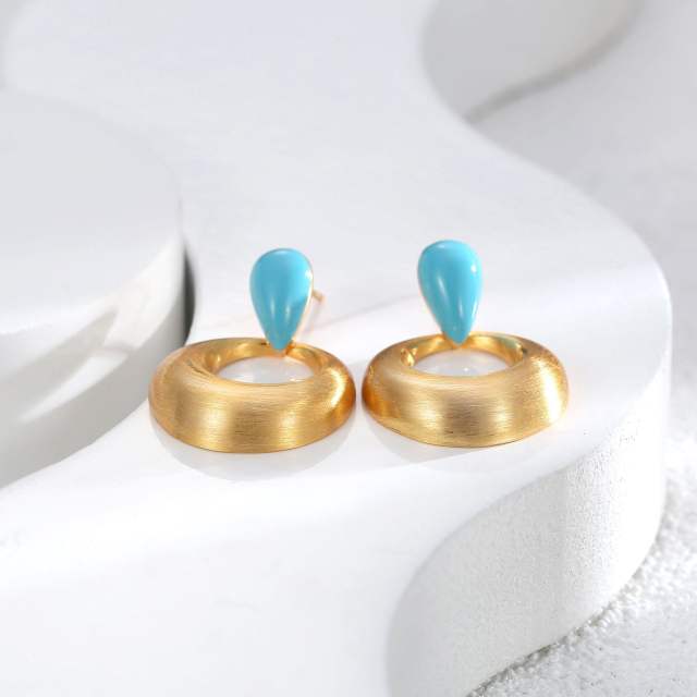 Concise gold plated copper geometric circle dangle earrings