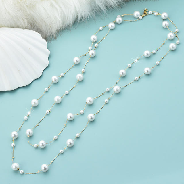 Elegant two layer pearl bead long necklace sweater chain