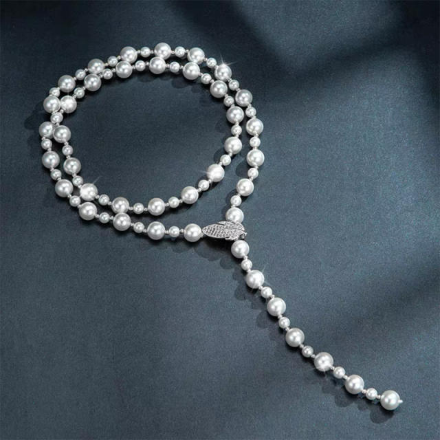 Eleagnt diamond leaf faux pearl bead lariat necklace