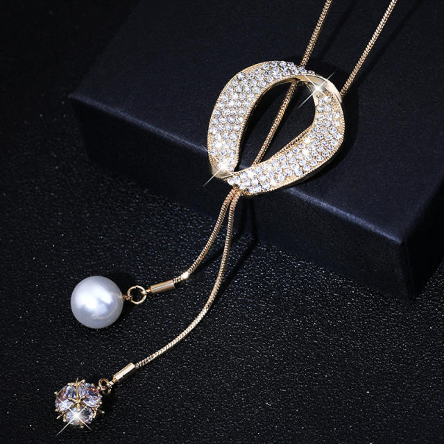 Concise cubic zircon circle pearl alloy long necklace sweater chain