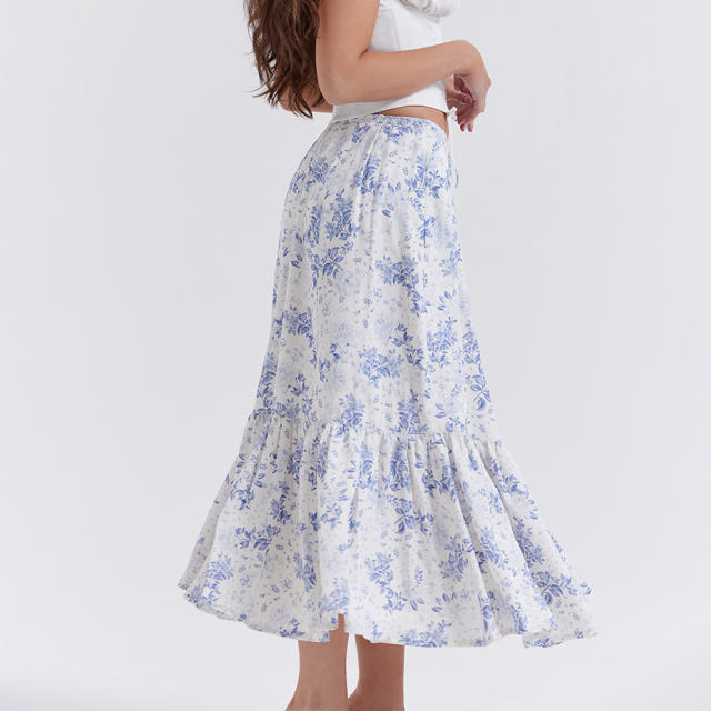 Y2K Sweet blue floral maxi skirt,Maxi Dress